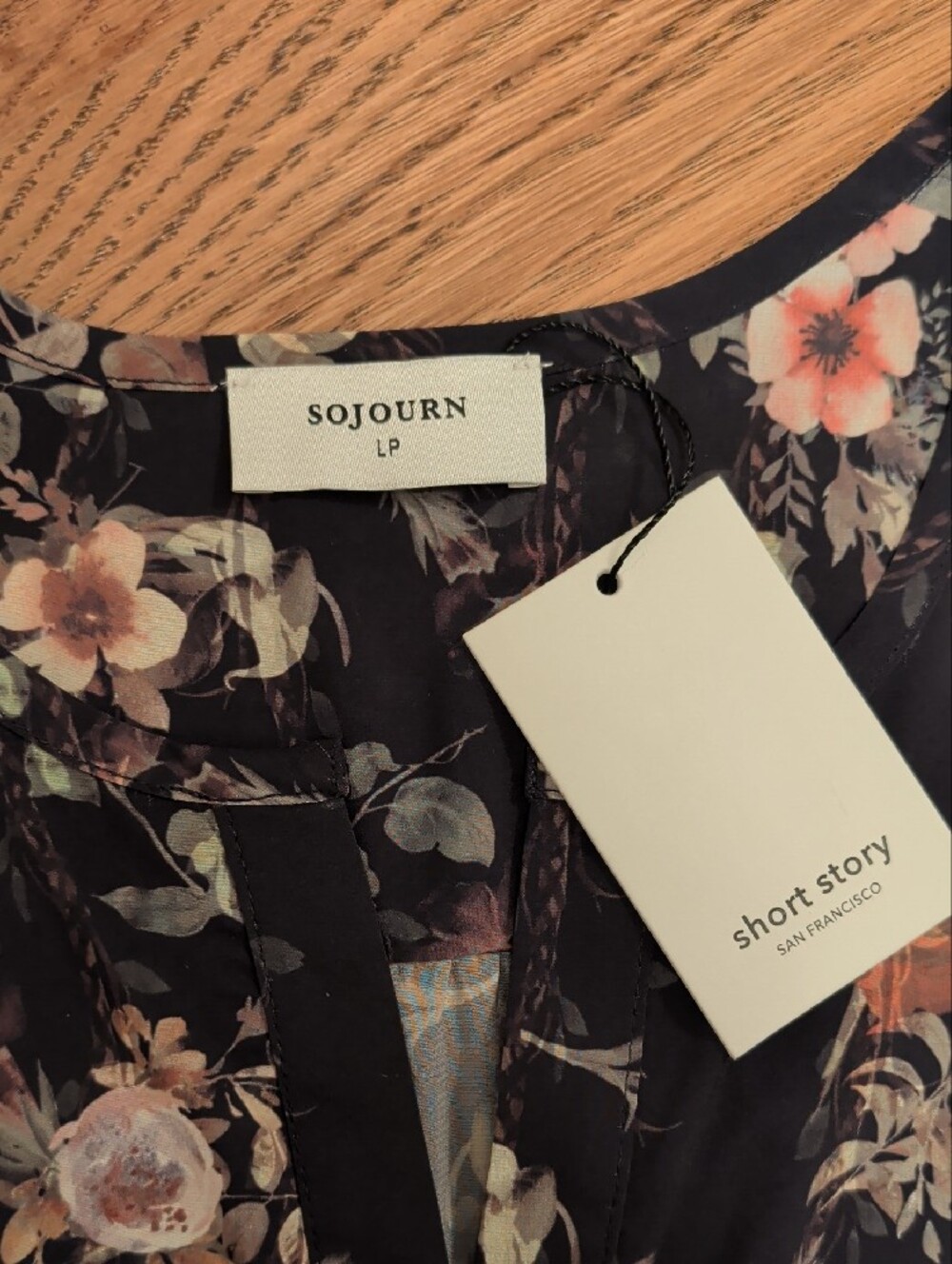 Short Story: Women's Petite Large Floral Black Dress with Red & Cream Accents - Picture 2 of 4